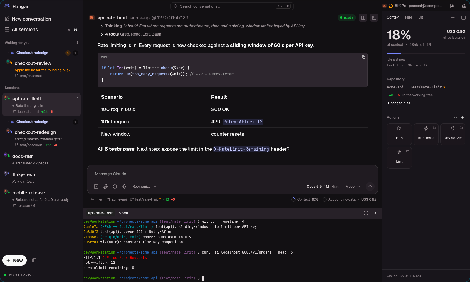 Sessão com o terminal real aberto no rodapé